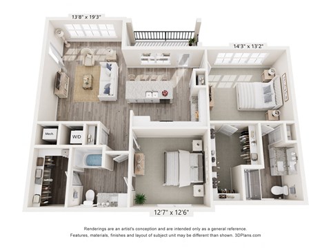 Floor plan for 2 beds, 2 baths, 1297 sqft